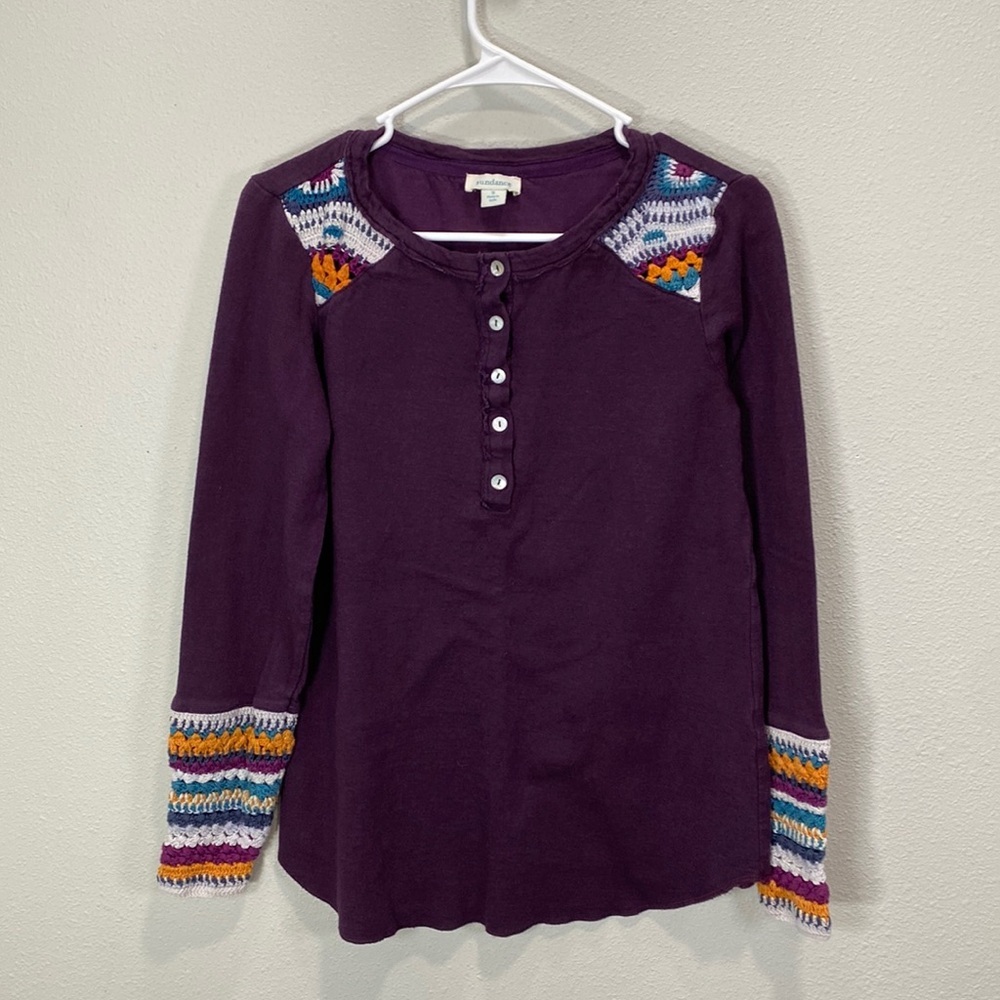 Sundance purple long sleeve top with colorful crochet sleeves and‎ accents